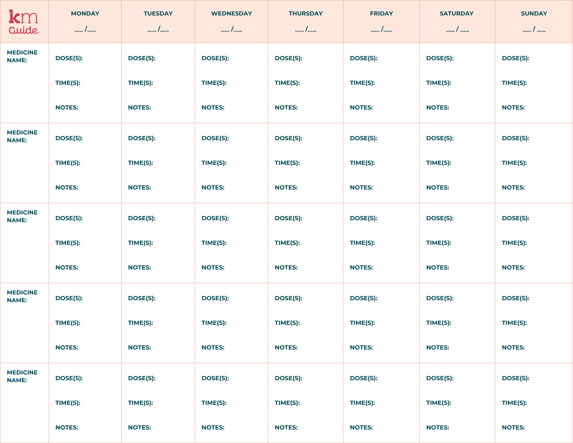 A chart to help keep track of when medications were administered by day of the week. Includes space to write down dosage, time medicine was given and notes.