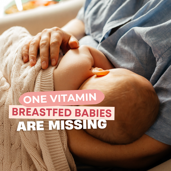 Mother breastfeeding her child with title: One Vitamin Breastfed Babies Are Missing (and how to fix it)