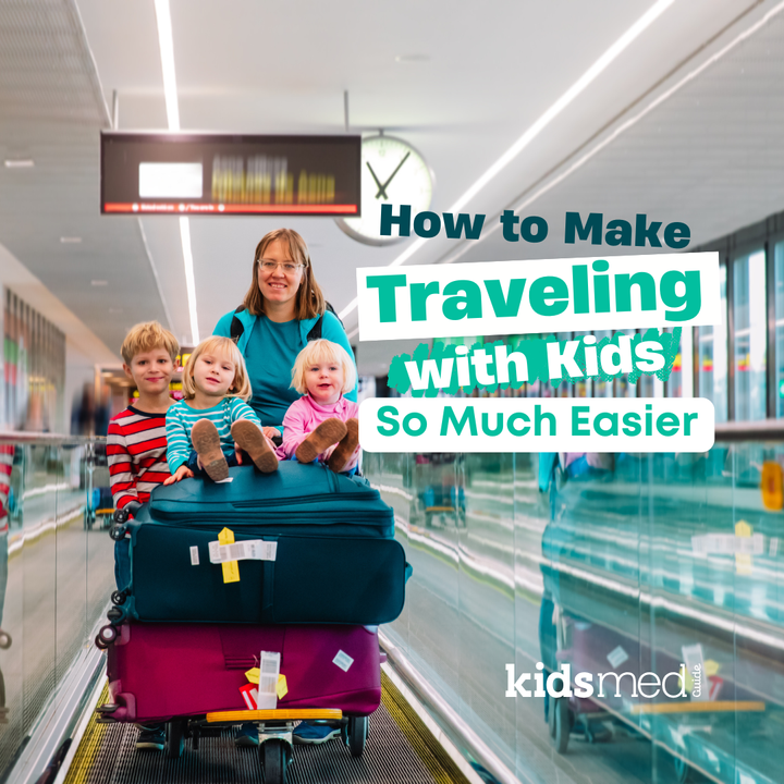 A mom pushing her kids through an airport with the title "How to Make Traveling with Kids So Much Easier"